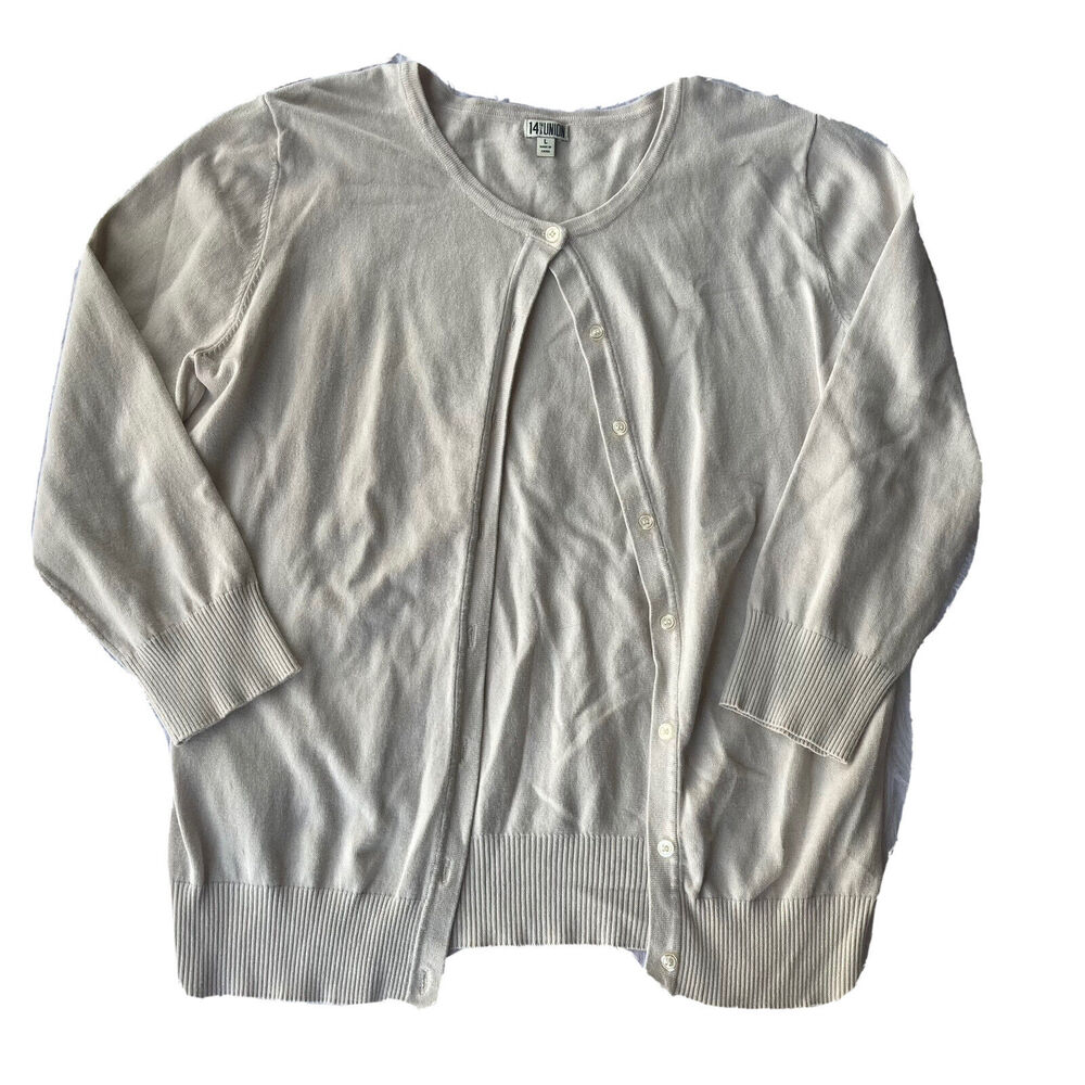 14th & Union Womens Sz L Cardigan Sweater Sandy Tan Button Up Knit Office Casual